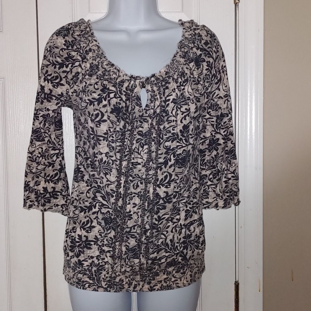 Lucky Brand navy and gray boho peasant  top Sz S